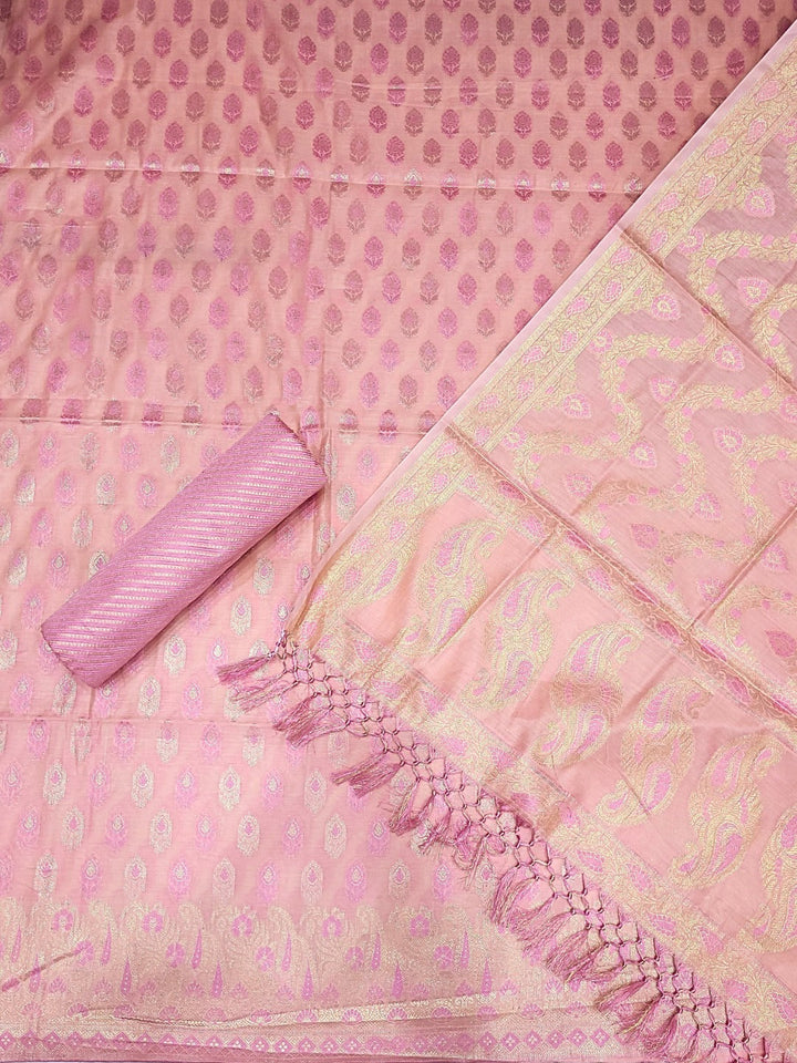 Meenakari Woven Handloom Chanderi Dress Material with Tasseled Dupatta & Brocade Salwar