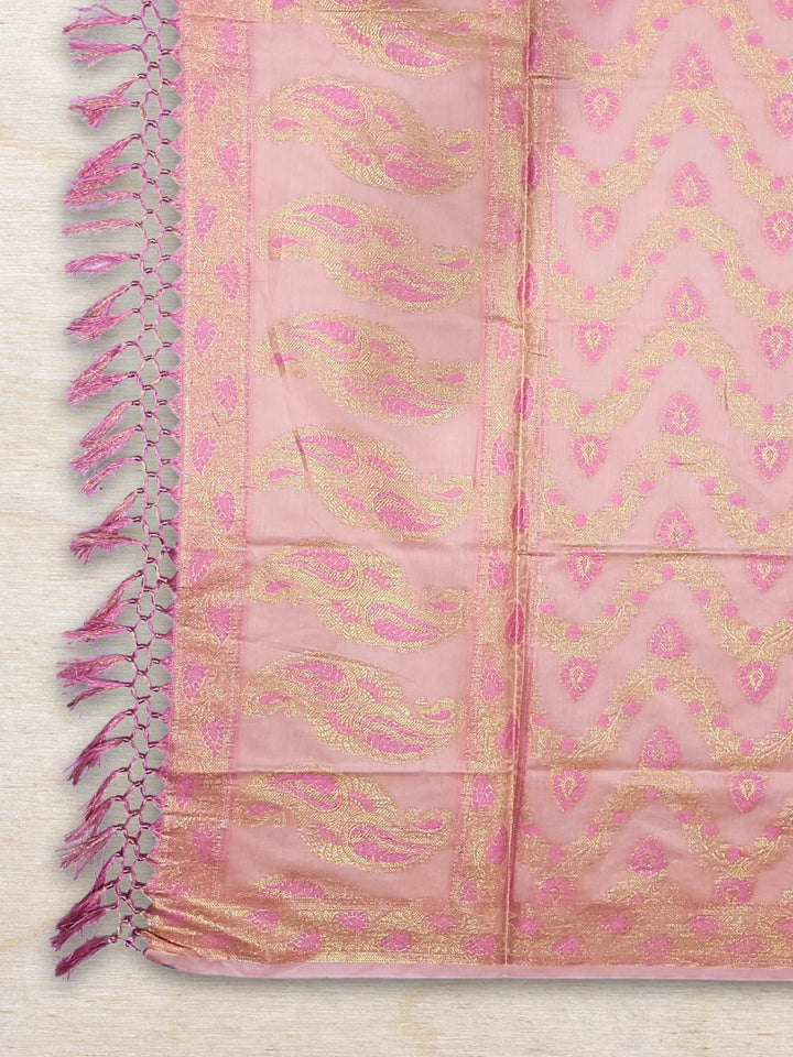 Meenakari Woven Handloom Chanderi Dress Material with Tasseled Dupatta & Brocade Salwar