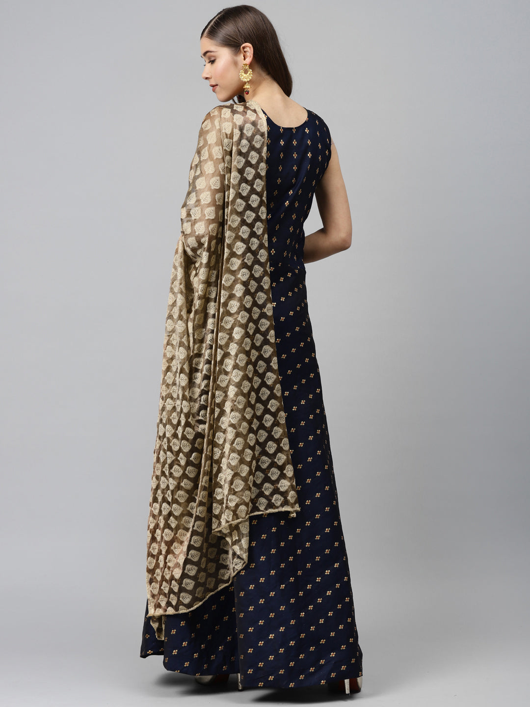 Made to Measure Navy Woven Embroidered Anarkali Set with Contrast Banarasi Dupatta