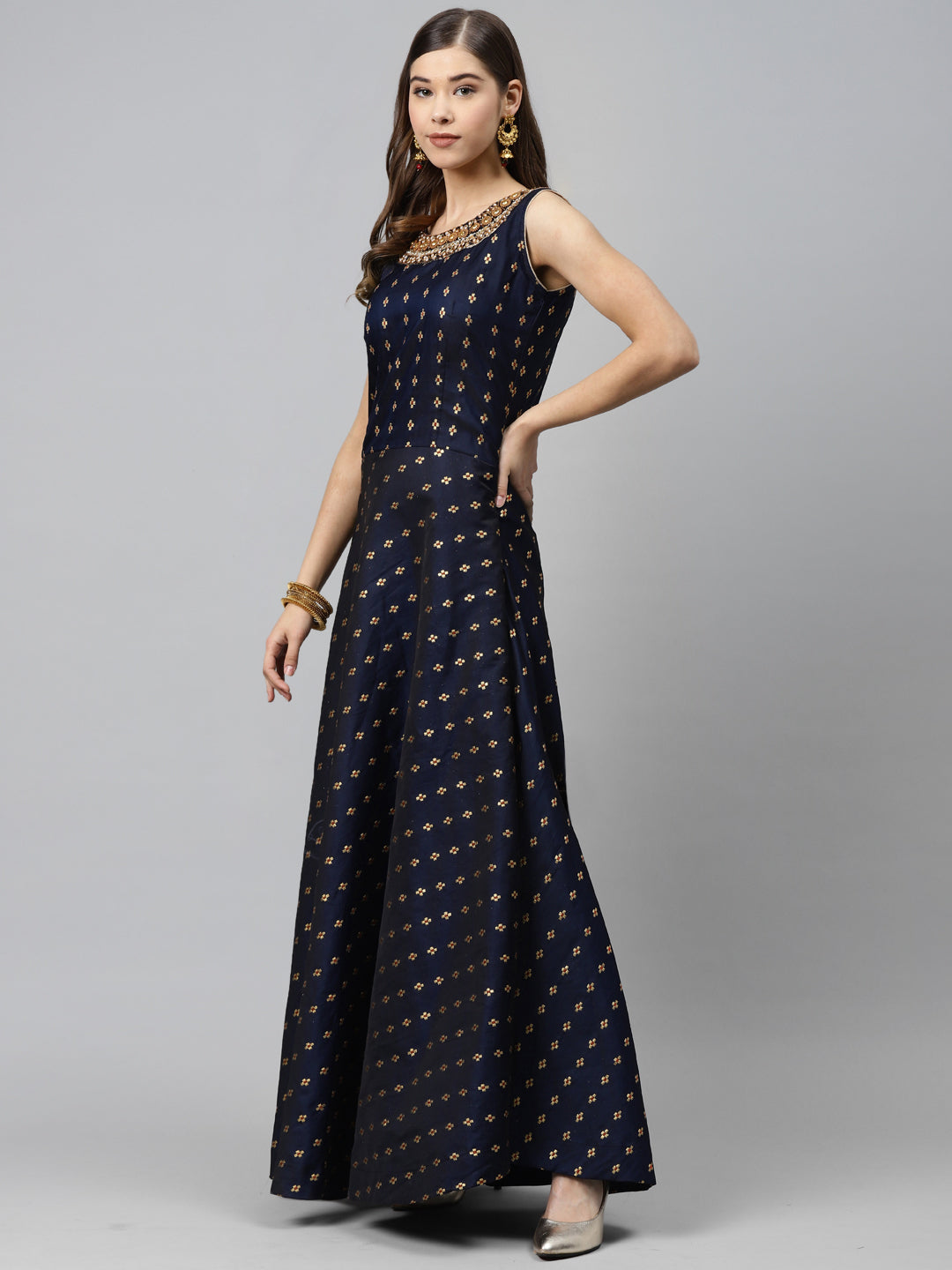 Made to Measure Navy Woven Embroidered Anarkali Set with Contrast Banarasi Dupatta