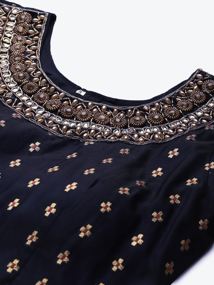 Made to Measure Navy Woven Embroidered Anarkali Set with Contrast Banarasi Dupatta