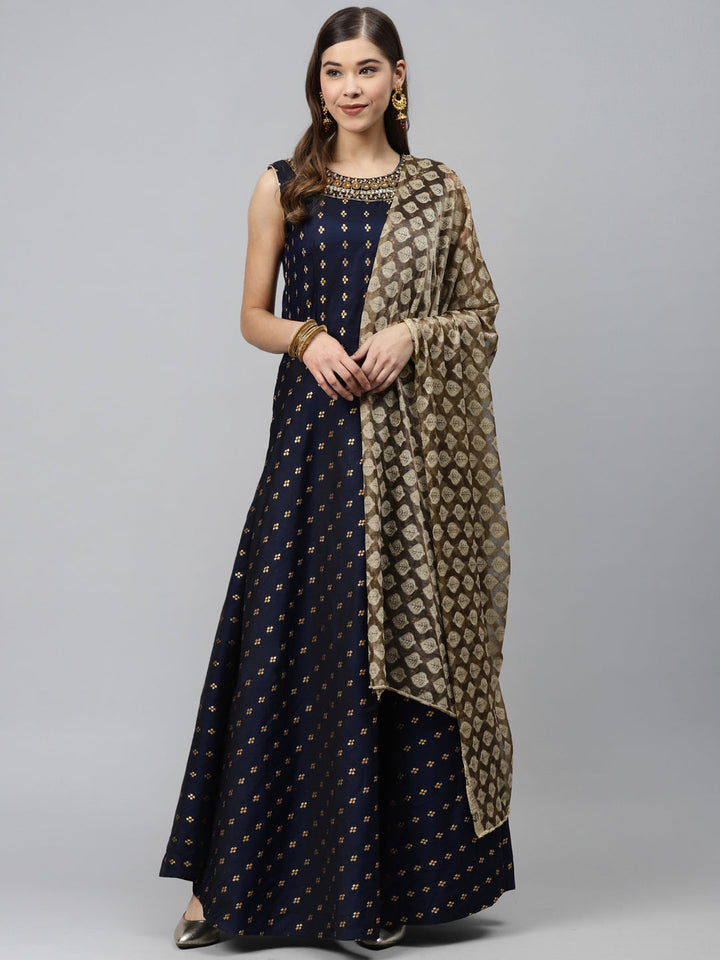 Made to Measure Navy Woven Embroidered Anarkali Set with Contrast Banarasi Dupatta