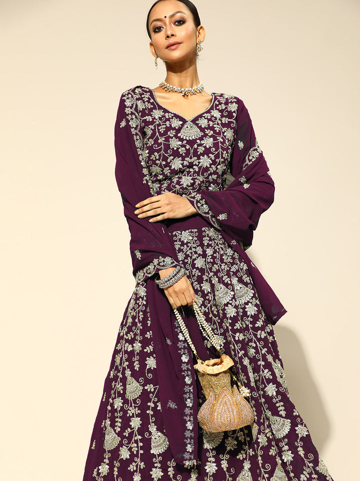 Purple Georgette Flared Lehanga Choli with Zari Embroidery