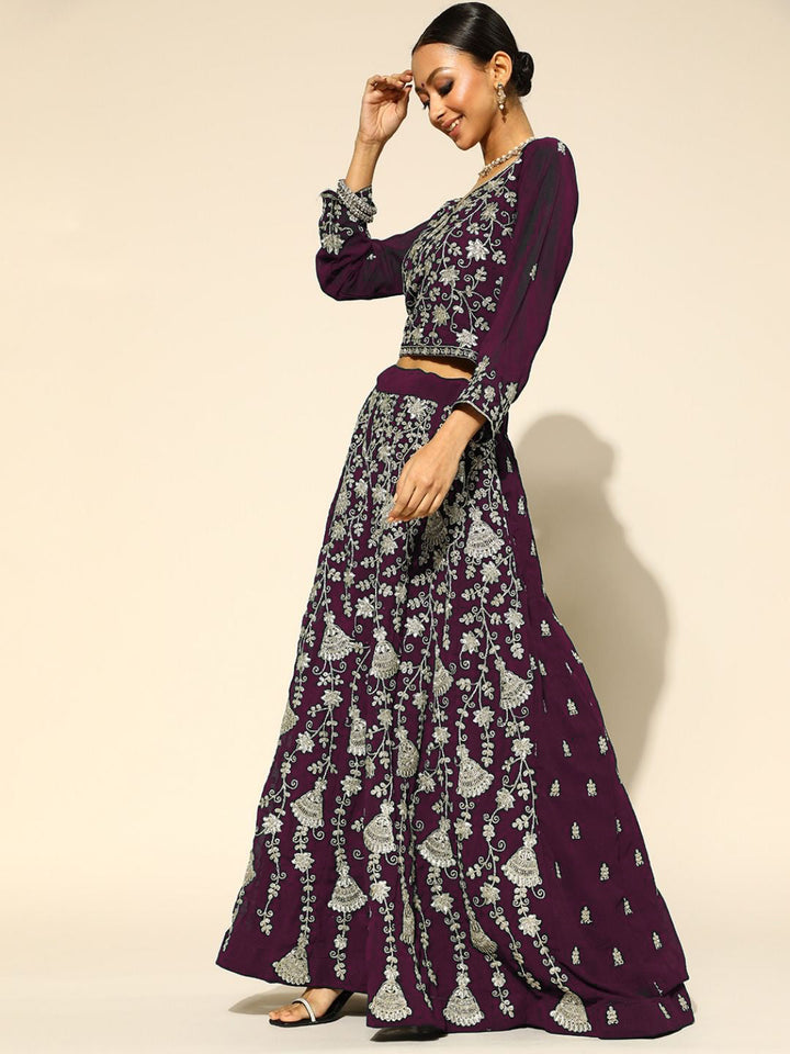 Purple Georgette Flared Lehanga Choli with Zari Embroidery