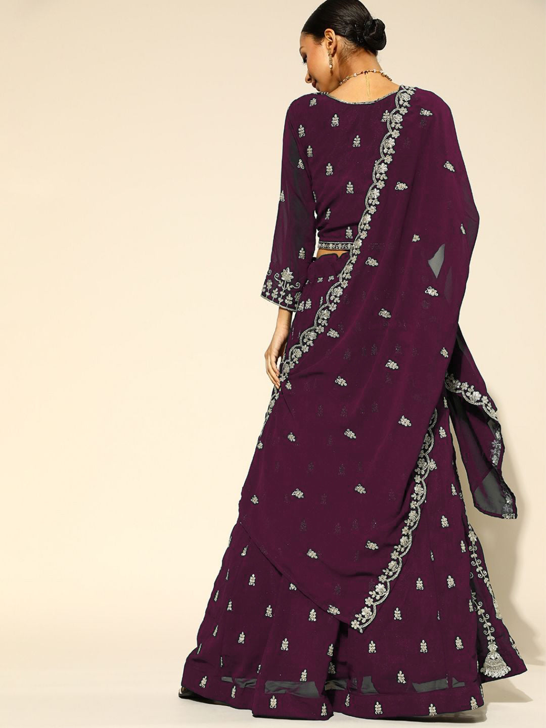 Purple Georgette Flared Lehanga Choli with Zari Embroidery
