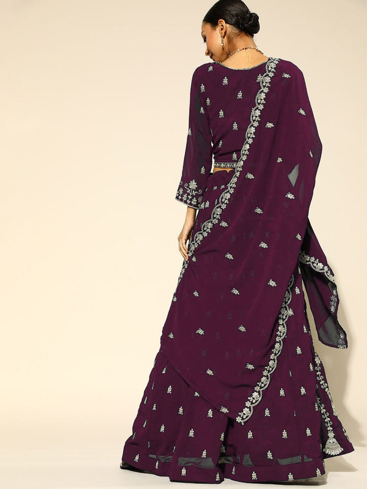 Purple Georgette Flared Lehanga Choli with Zari Embroidery