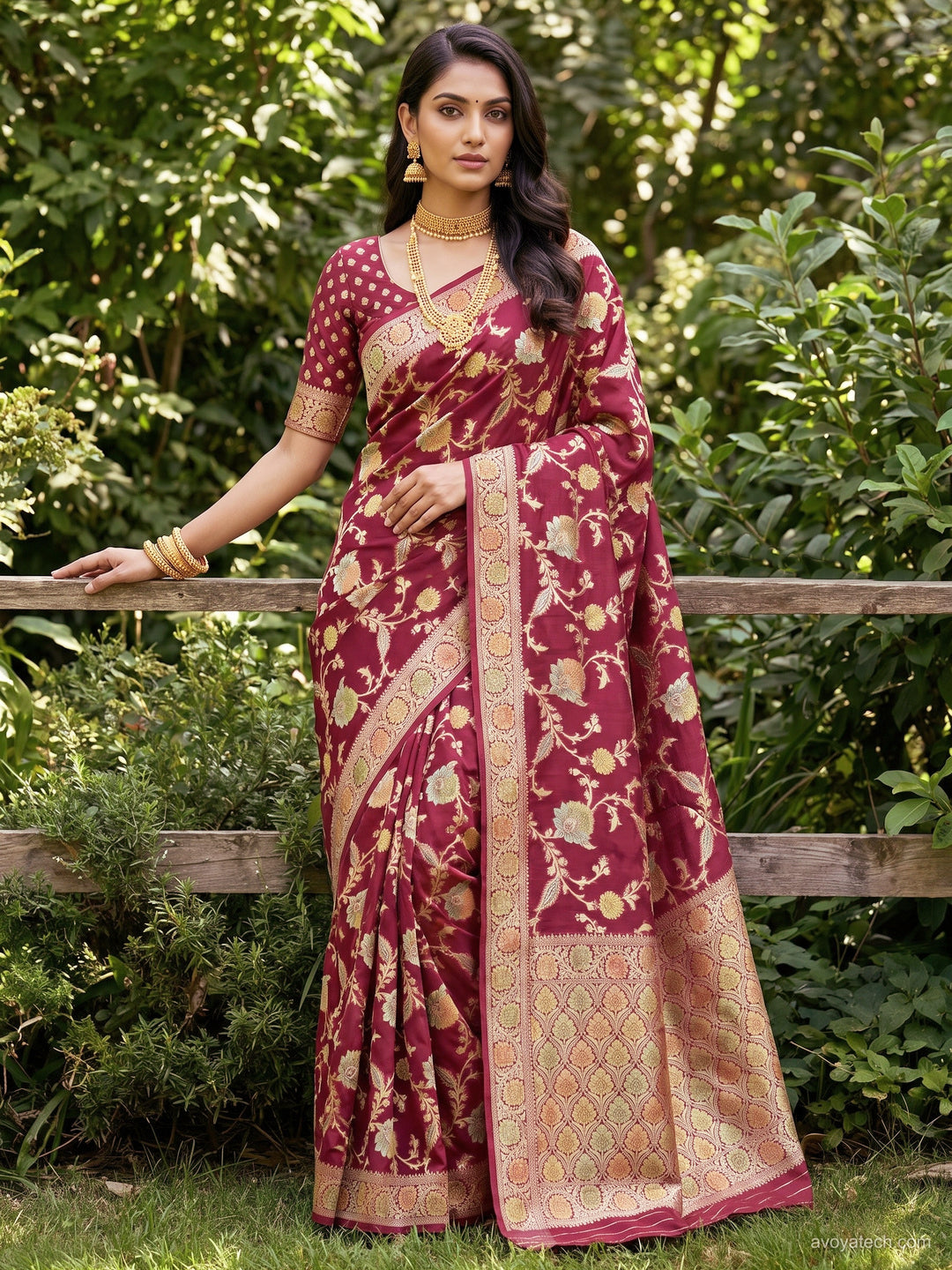 Maroon Banarasi Silk Saree with Multicolor Floral Meenakari Weave and Blouse Piece