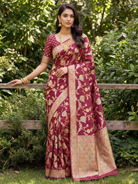 Maroon Banarasi Silk Saree with Multicolor Floral Meenakari Weave and Blouse Piece