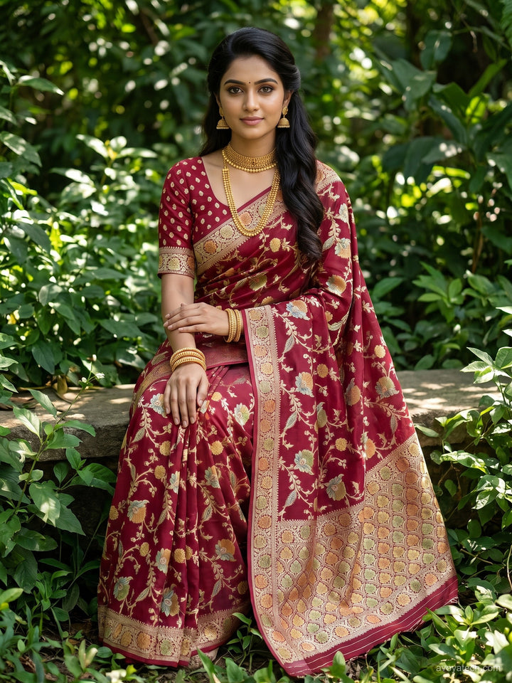 Maroon Banarasi Silk Saree with Multicolor Floral Meenakari Weave and Blouse Piece