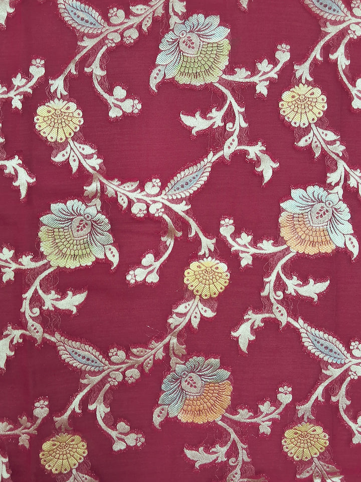 Maroon Banarasi Silk Saree with Multicolor Floral Meenakari Weave and Blouse Piece