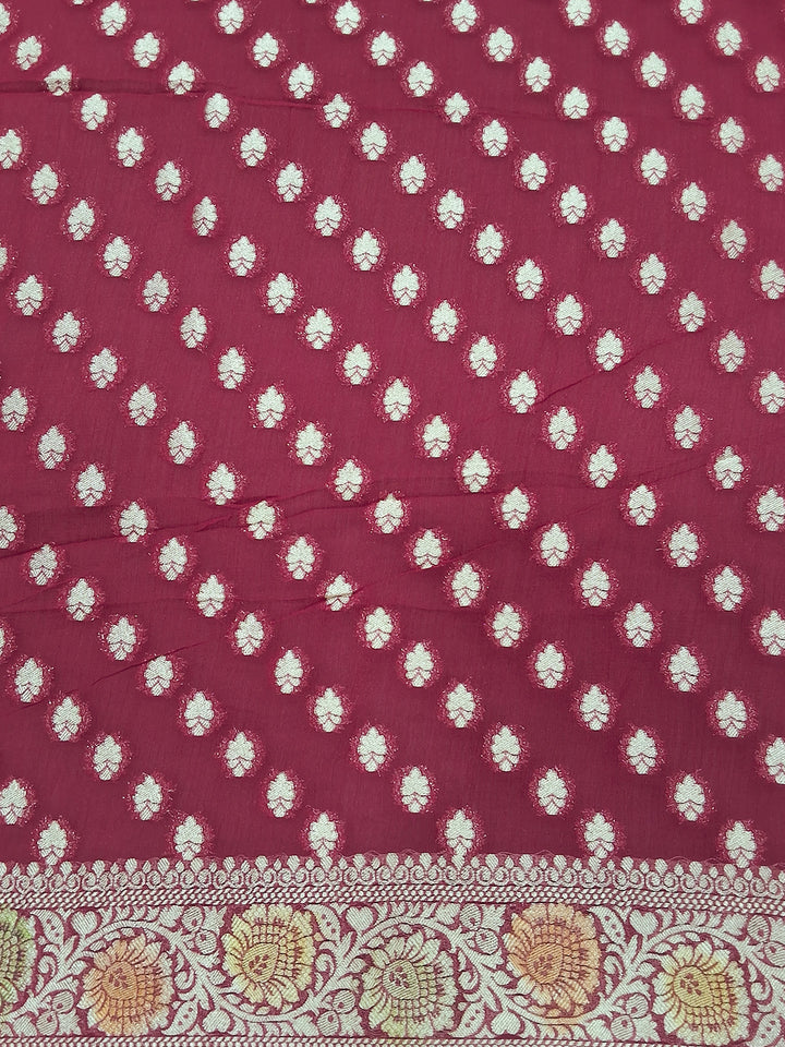 Maroon Banarasi Silk Saree with Multicolor Floral Meenakari Weave and Blouse Piece
