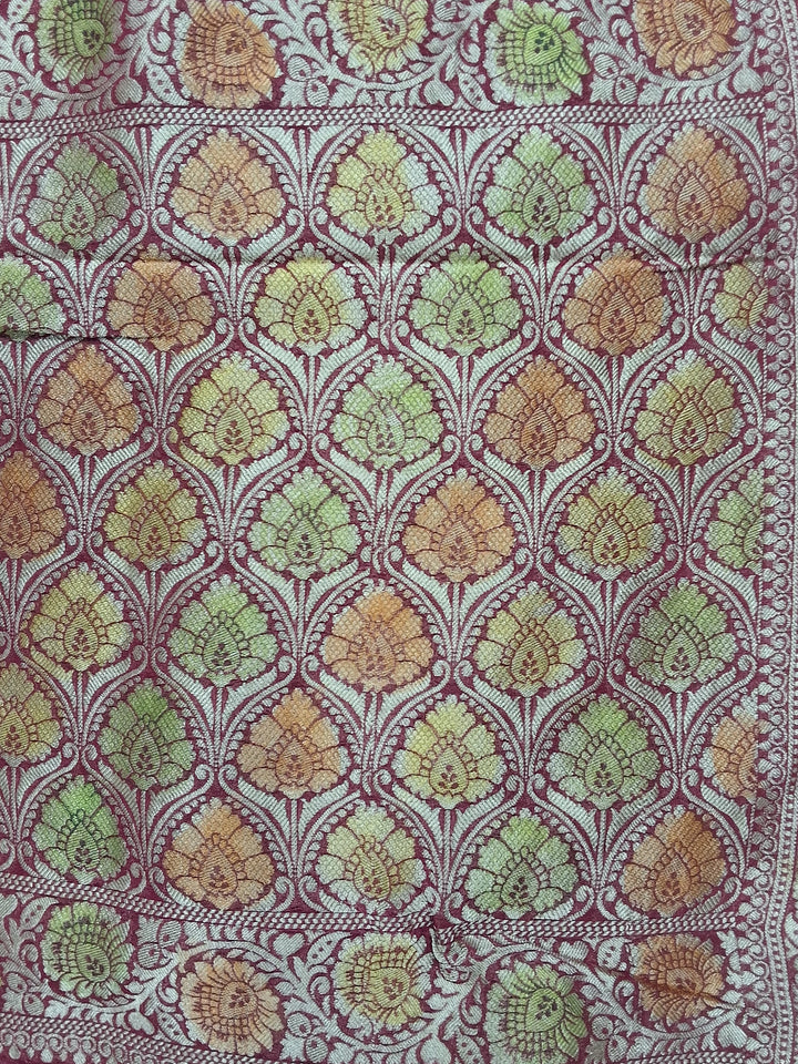Maroon Banarasi Silk Saree with Multicolor Floral Meenakari Weave and Blouse Piece