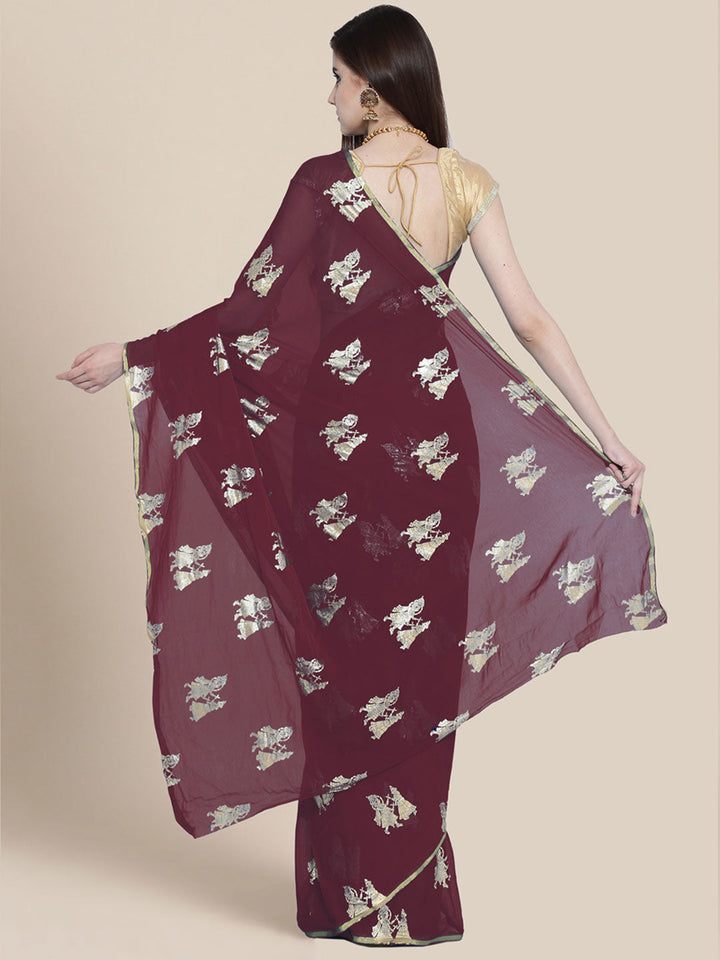 Burgundy Chiffon Foil Print Party Wear Saree with Ethnic Radha Kishan Motifs