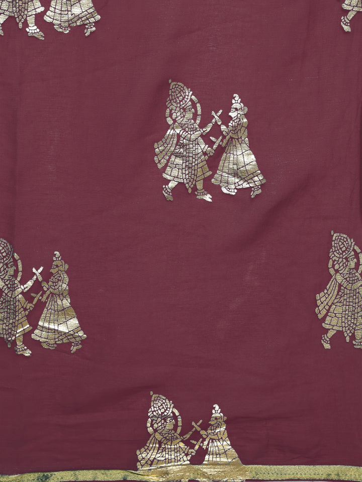 Burgundy Chiffon Foil Print Party Wear Saree with Ethnic Radha Kishan Motifs