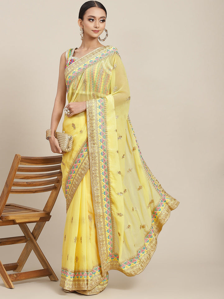 Pastel Yellow Resham Thread & Crystal Embellished Georgette Saree