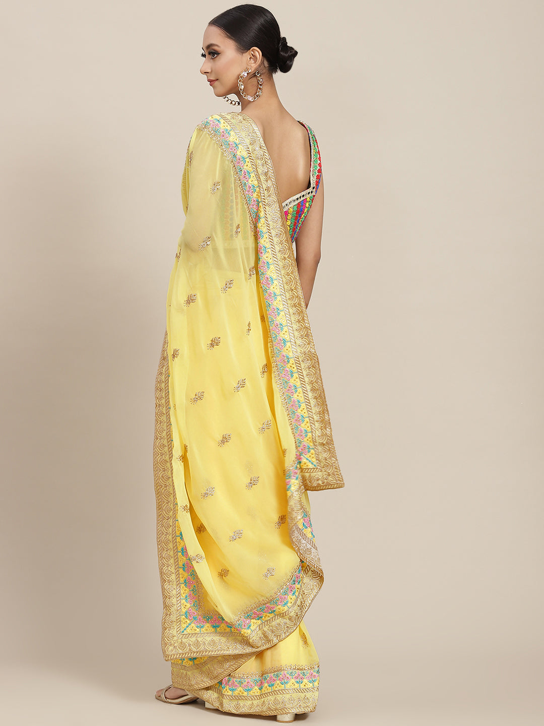 Pastel Yellow Resham Thread & Crystal Embellished Georgette Saree
