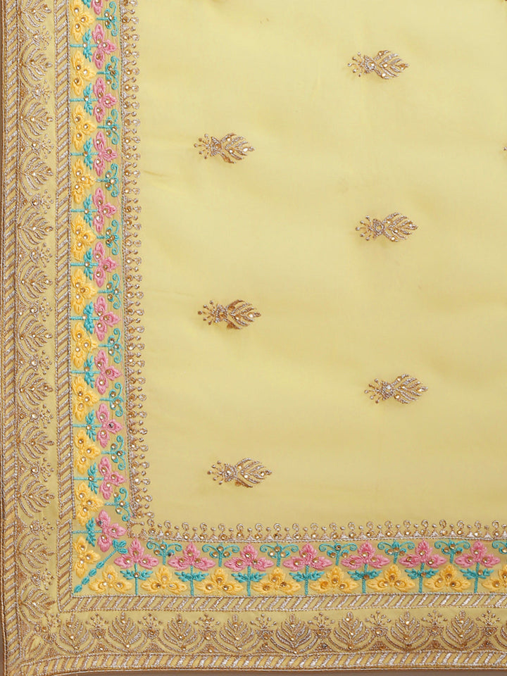 Pastel Yellow Resham Thread & Crystal Embellished Georgette Saree