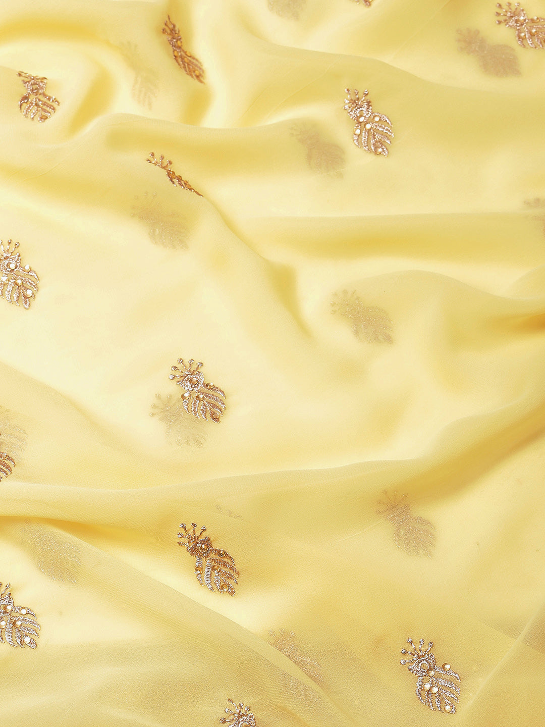 Pastel Yellow Resham Thread & Crystal Embellished Georgette Saree