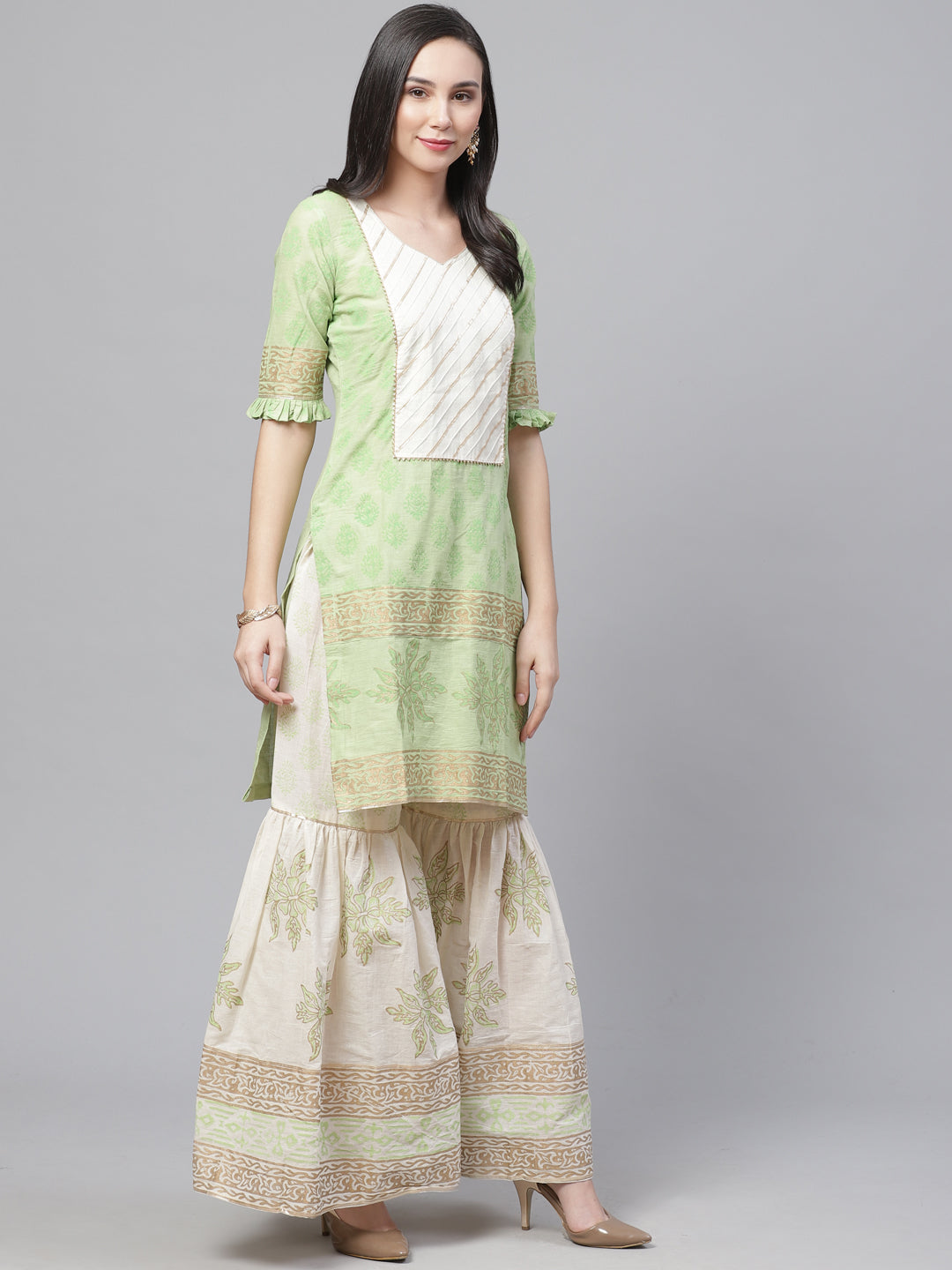 Pure Cotton Cambric Block Printing Dress Material with GottaPatti Embroidery & Sharara