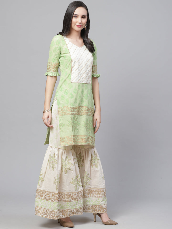 Pure Cotton Cambric Block Printing Dress Material with GottaPatti Embroidery & Sharara