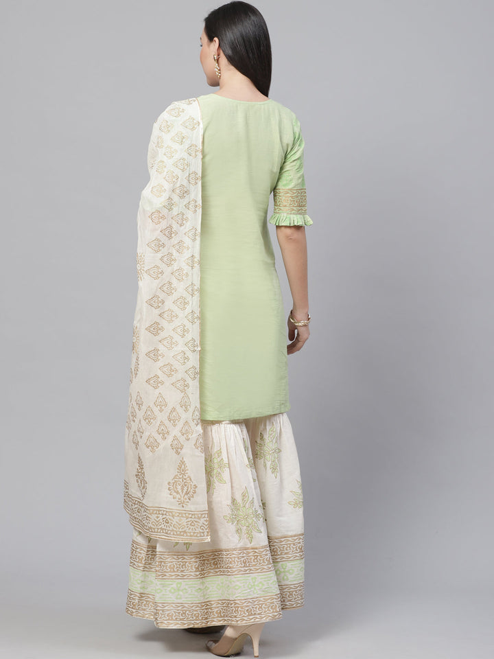 Pure Cotton Cambric Block Printing Dress Material with GottaPatti Embroidery & Sharara