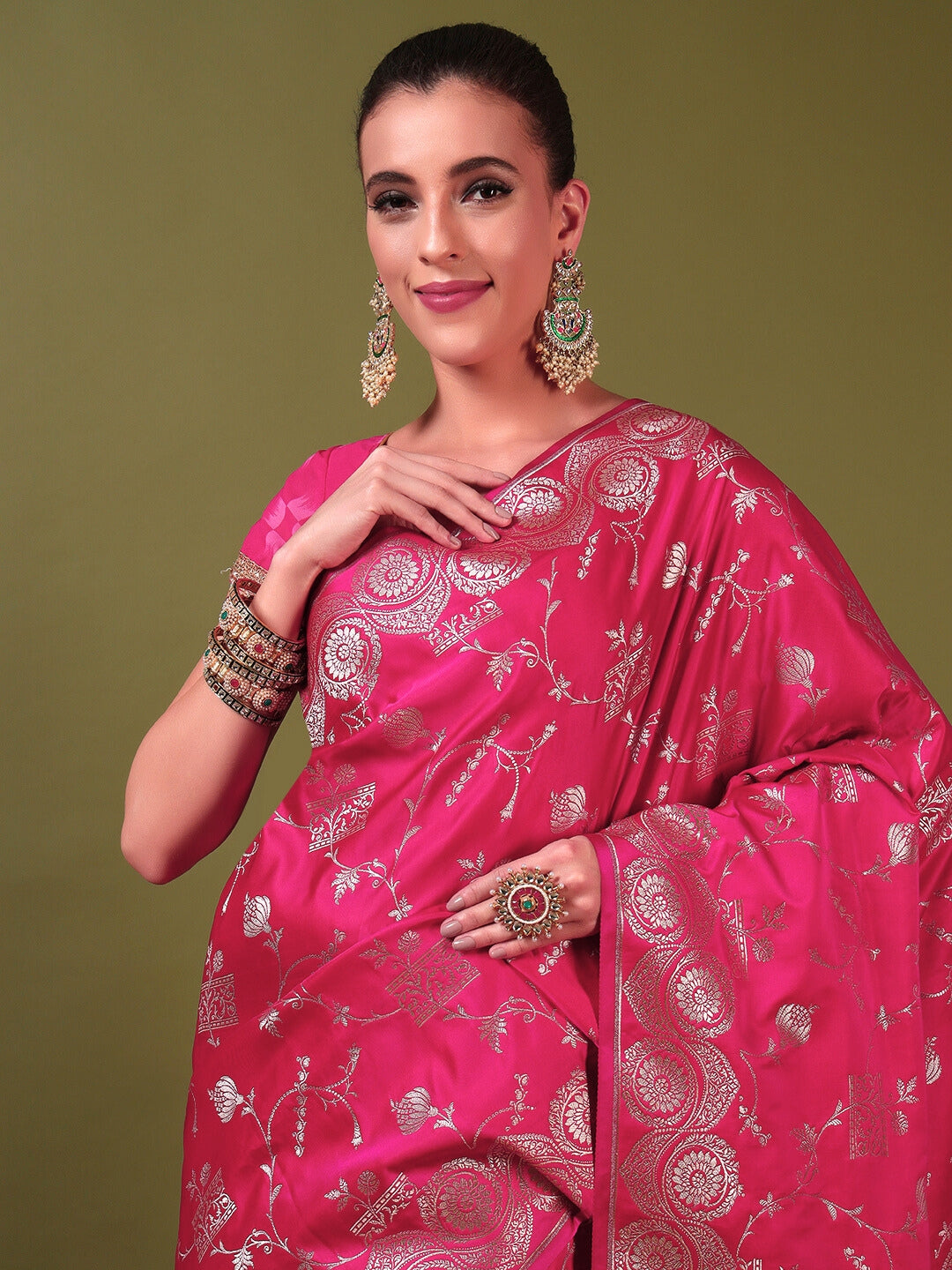 Banarasi Handloom Traditional Satin Silk Saree with Ethnic Motifs Meenakari Weaving