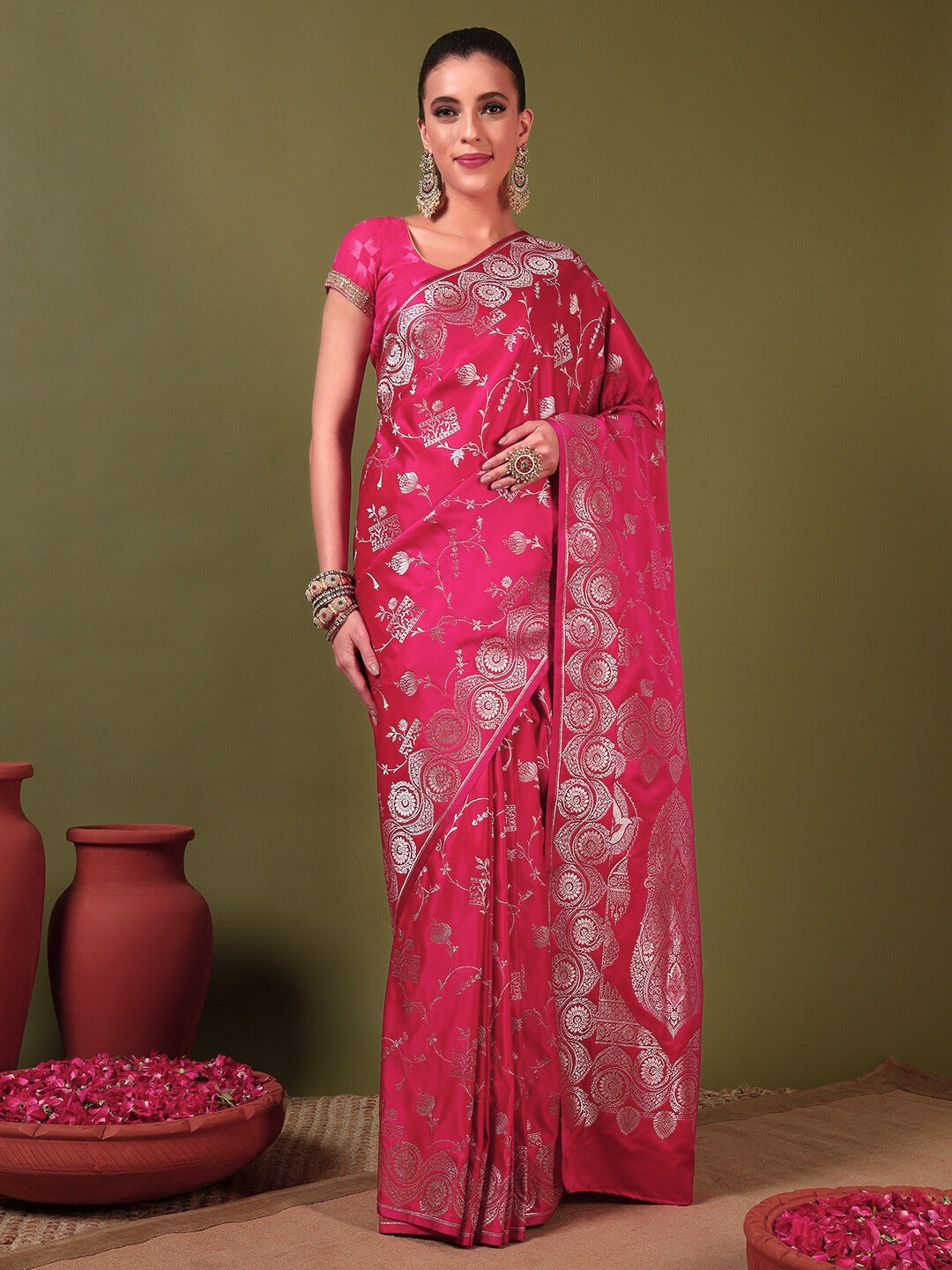 Banarasi Handloom Traditional Satin Silk Saree with Ethnic Motifs Meenakari Weaving