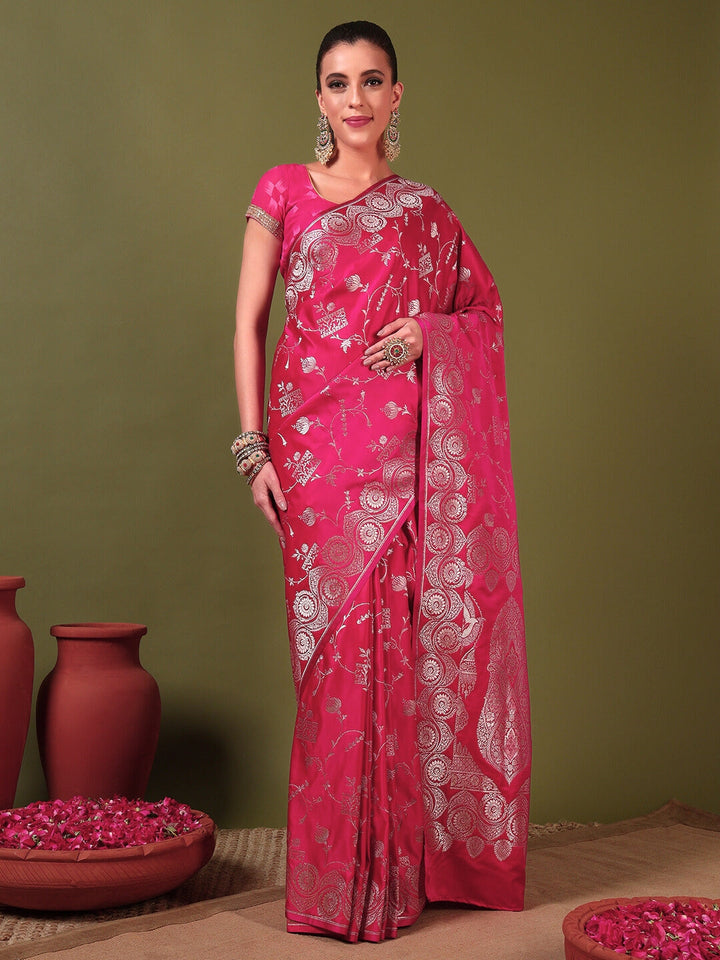 Banarasi Handloom Traditional Satin Silk Saree with Ethnic Motifs Meenakari Weaving
