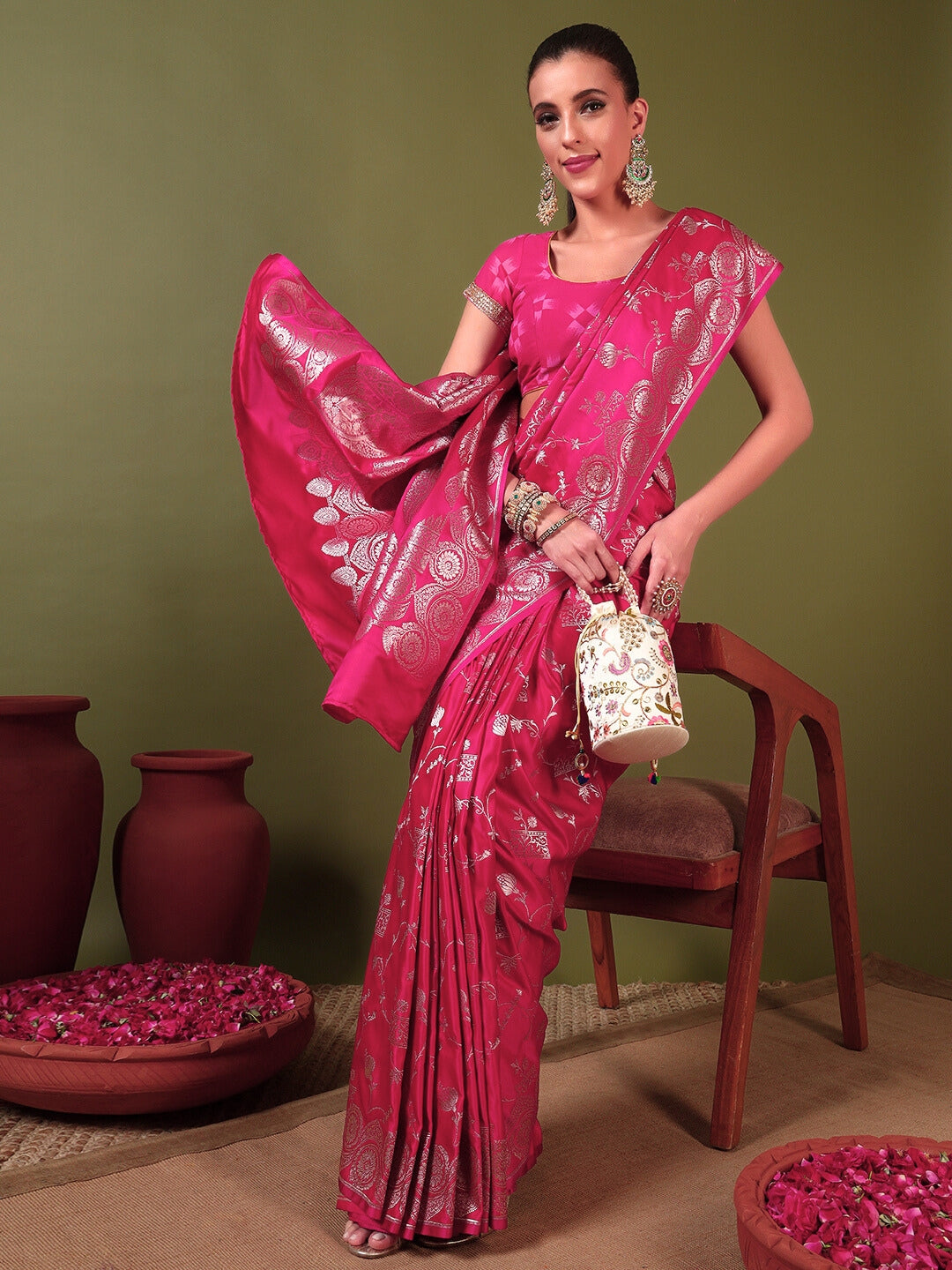 Banarasi Handloom Traditional Satin Silk Saree with Ethnic Motifs Meenakari Weaving