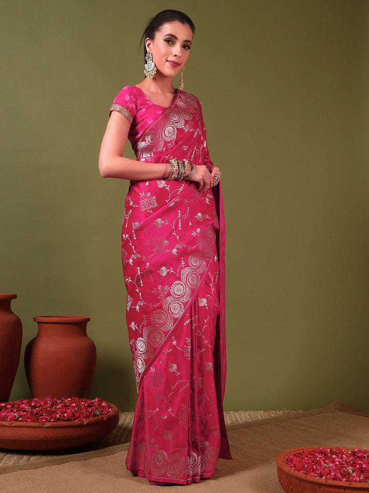 Banarasi Handloom Traditional Satin Silk Saree with Ethnic Motifs Meenakari Weaving