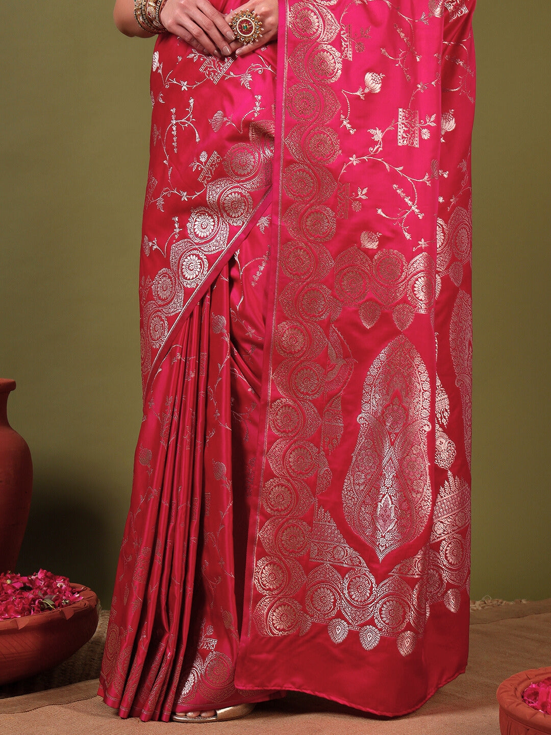 Banarasi Handloom Traditional Satin Silk Saree with Ethnic Motifs Meenakari Weaving