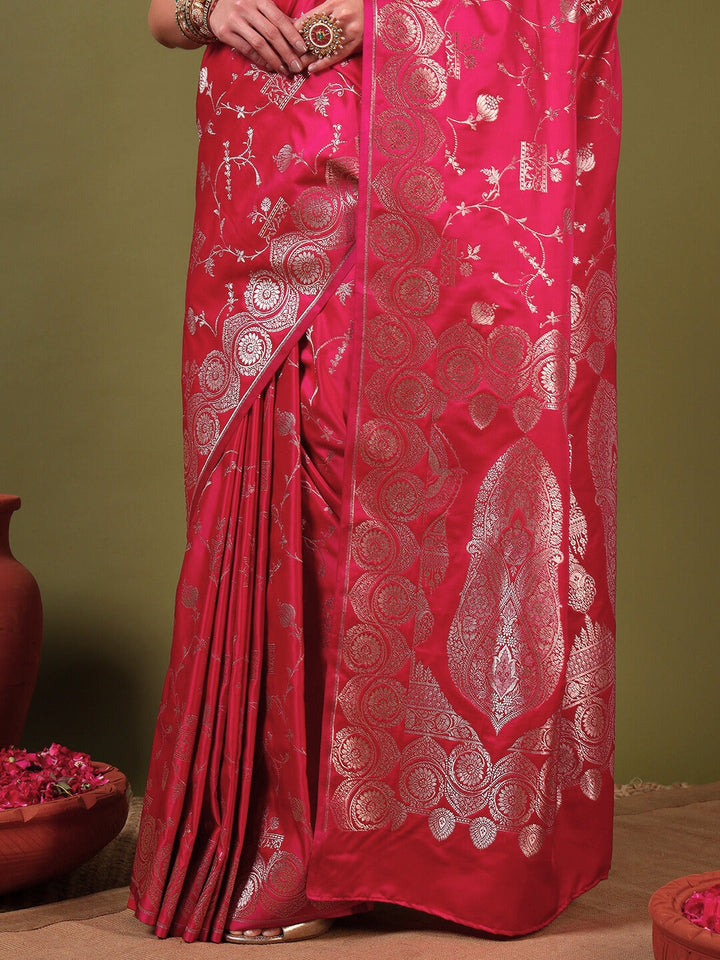 Banarasi Handloom Traditional Satin Silk Saree with Ethnic Motifs Meenakari Weaving