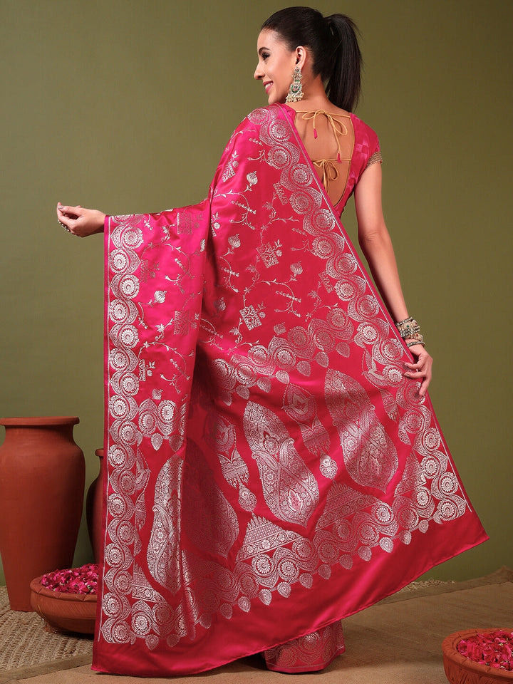 Banarasi Handloom Traditional Satin Silk Saree with Ethnic Motifs Meenakari Weaving
