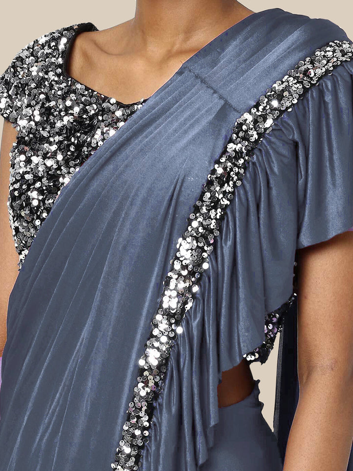 Pre-Stitched Ruffled Grey Ready-to-Wear Saree with Sequin Embroidery