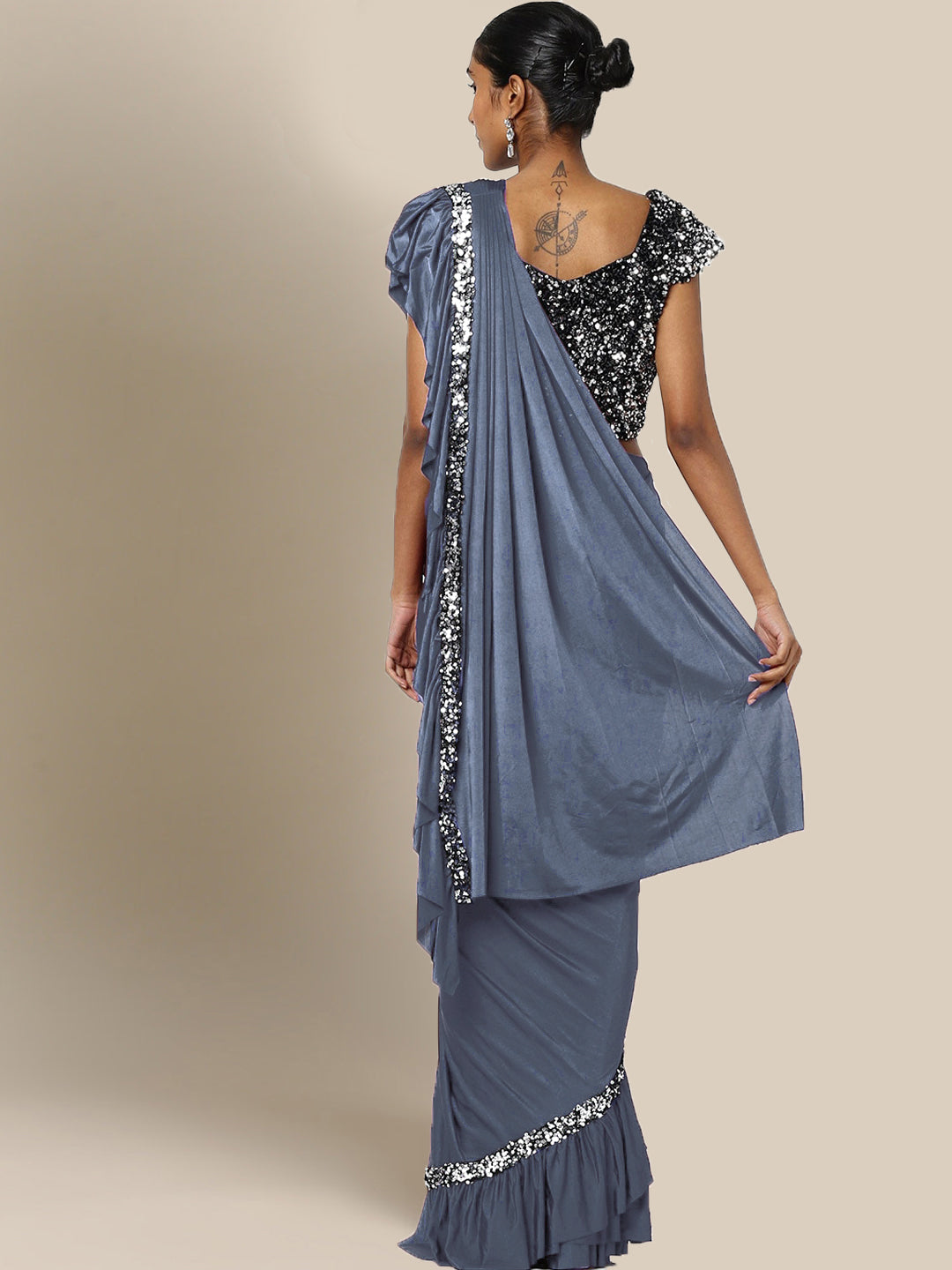 Pre-Stitched Ruffled Grey Ready-to-Wear Saree with Sequin Embroidery