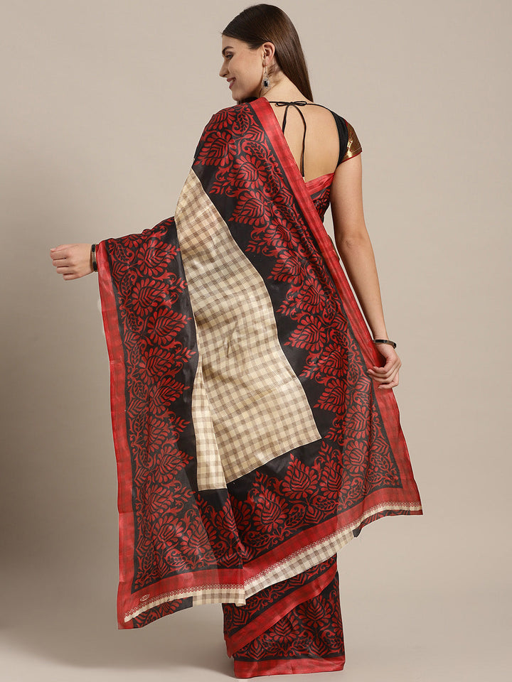 Printed Checked Bhagalpuri Saree with Contrast Floral Motifs