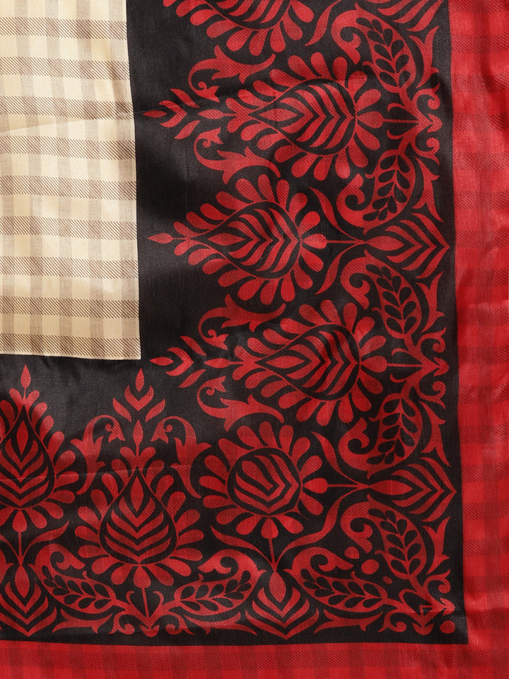 Printed Checked Bhagalpuri Saree with Contrast Floral Motifs