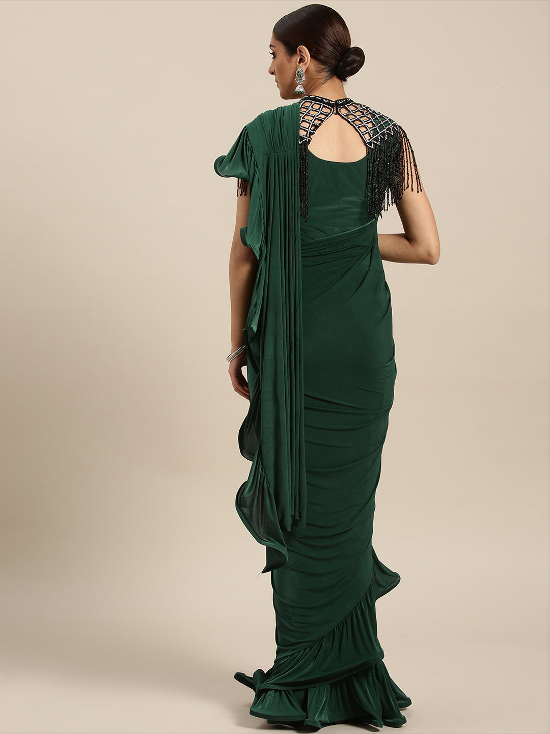 Draped Ruffled Pre-stitched Saree with Tassled Jeweled Neckpiece
