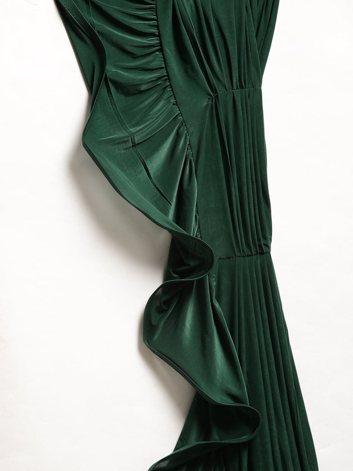 Draped Ruffled Pre-stitched Saree with Tassled Jeweled Neckpiece