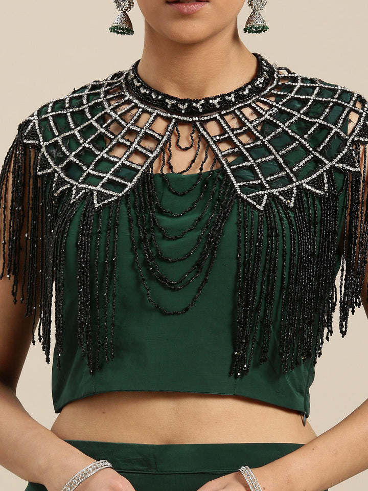 Draped Ruffled Pre-stitched Saree with Tassled Jeweled Neckpiece