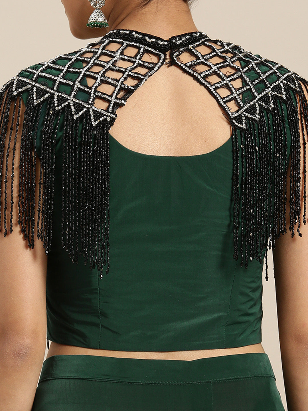 Draped Ruffled Pre-stitched Saree with Tassled Jeweled Neckpiece