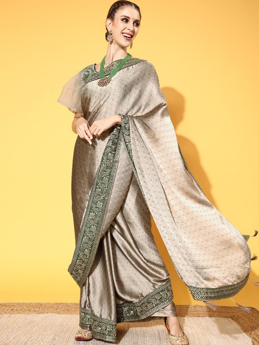 Grey Taupe Brasso Self Design Saree With Geometrical Weave pattern