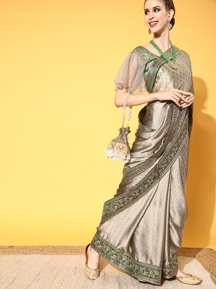 Grey Taupe Brasso Self Design Saree With Geometrical Weave pattern