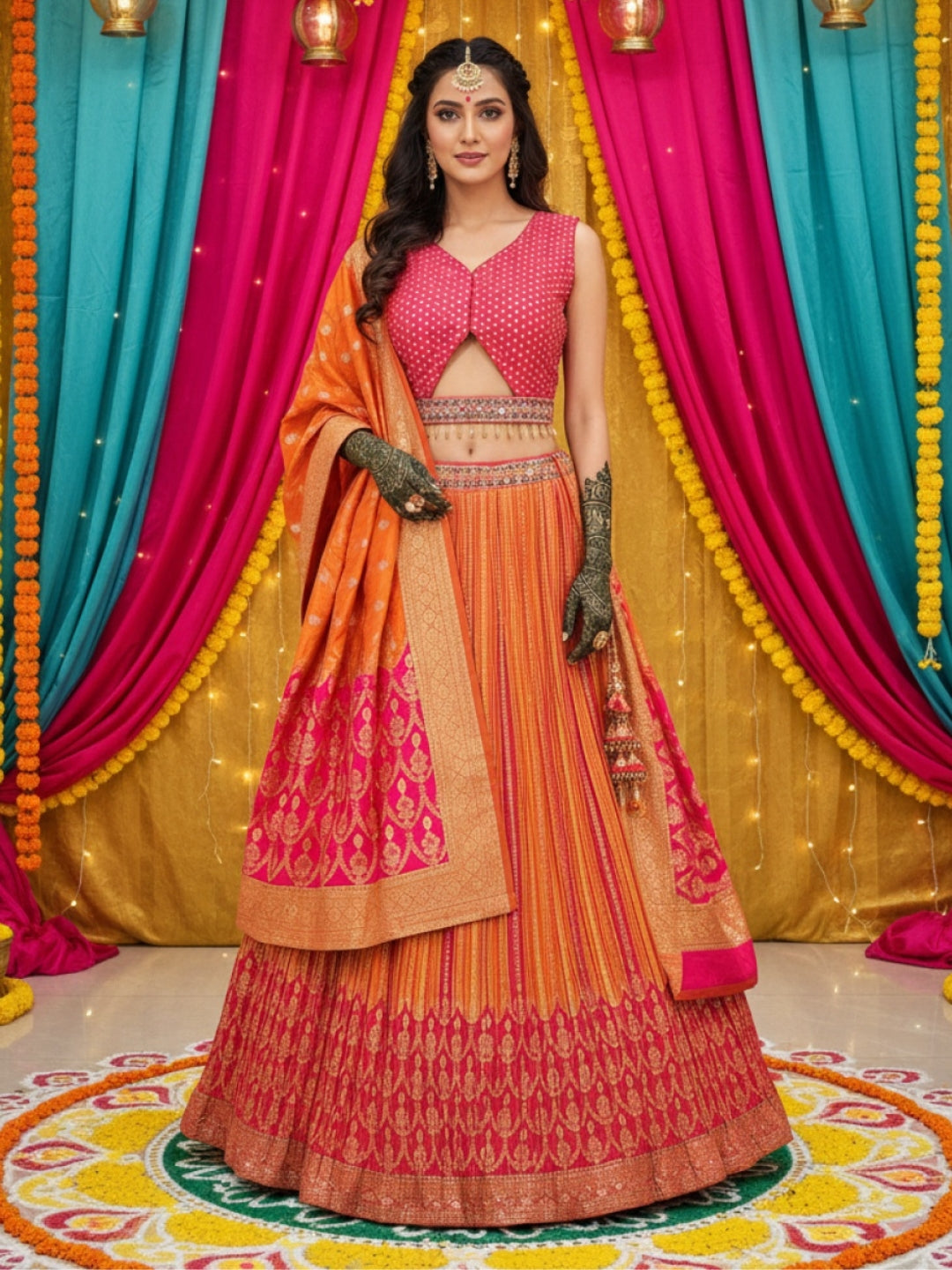 Banarasi Silk Multicolor Kalidar Lehenga with Zari Weaving & Tasseled Embellished Blouse