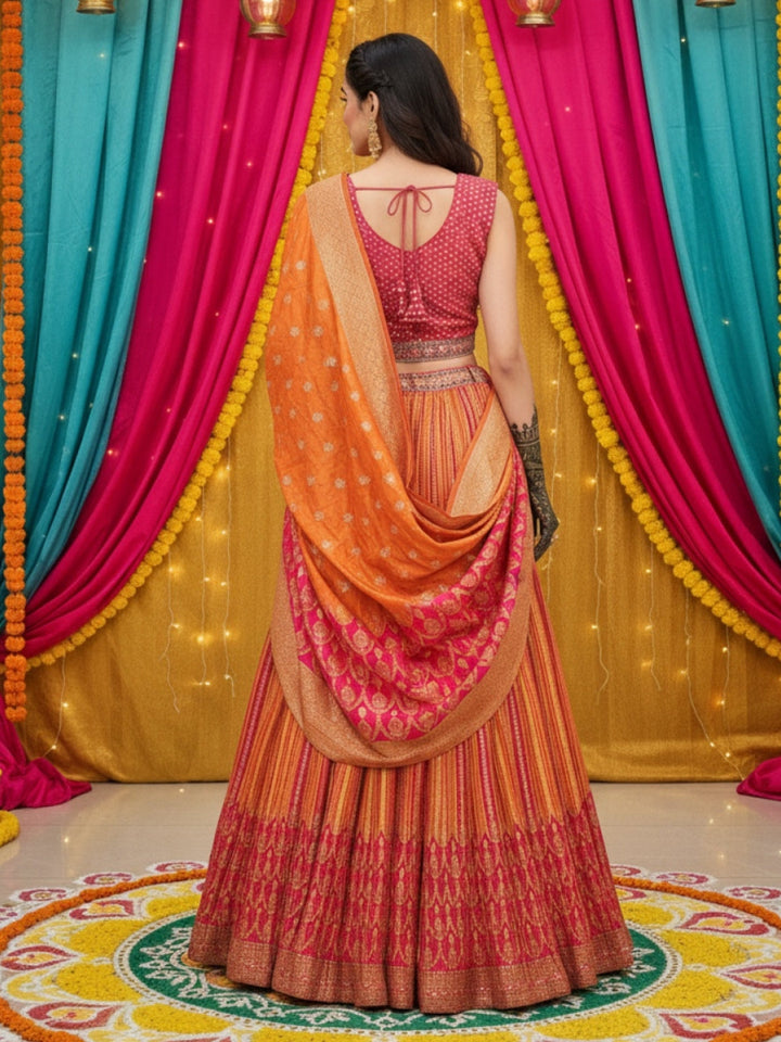 Banarasi Silk Multicolor Kalidar Lehenga with Zari Weaving & Tasseled Embellished Blouse