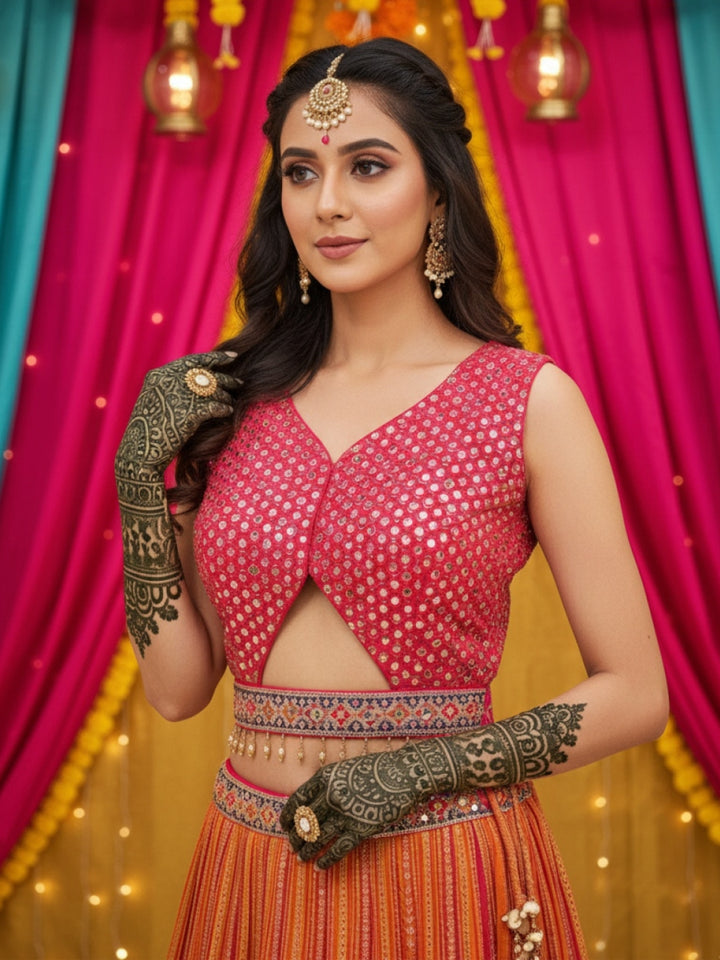 Banarasi Silk Multicolor Kalidar Lehenga with Zari Weaving & Tasseled Embellished Blouse