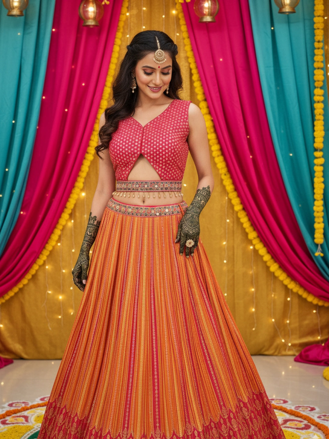 Banarasi Silk Multicolor Kalidar Lehenga with Zari Weaving & Tasseled Embellished Blouse