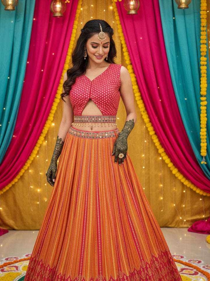 Banarasi Silk Multicolor Kalidar Lehenga with Zari Weaving & Tasseled Embellished Blouse