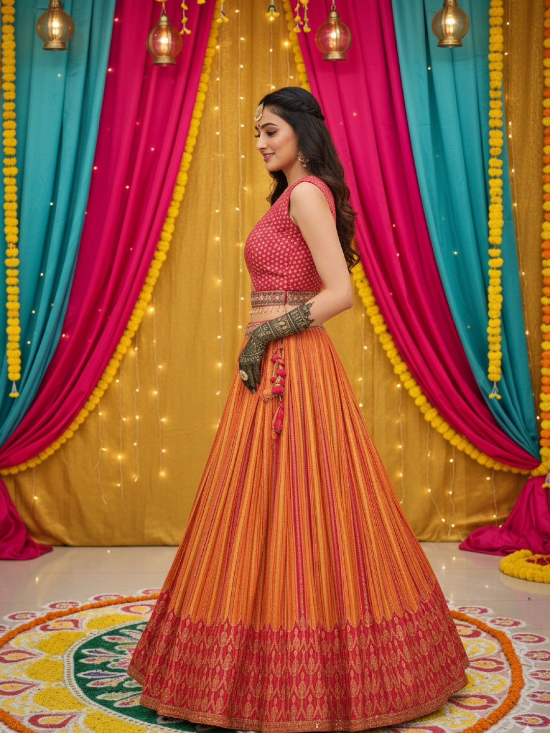 Banarasi Silk Multicolor Kalidar Lehenga with Zari Weaving & Tasseled Embellished Blouse