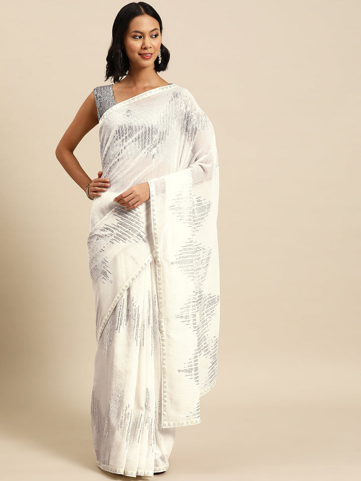 White Silver Sequence Embellished Light Festive Chiffion Bling Saree